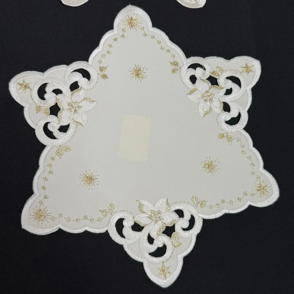 Set 4 German Embroidered Christmas Doilies Star Shaped Gold Thread 9” Table Mats